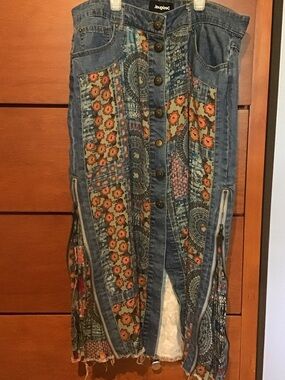 Desigual Denim Patchwork Skirt with Orange and Blue Floral Panels